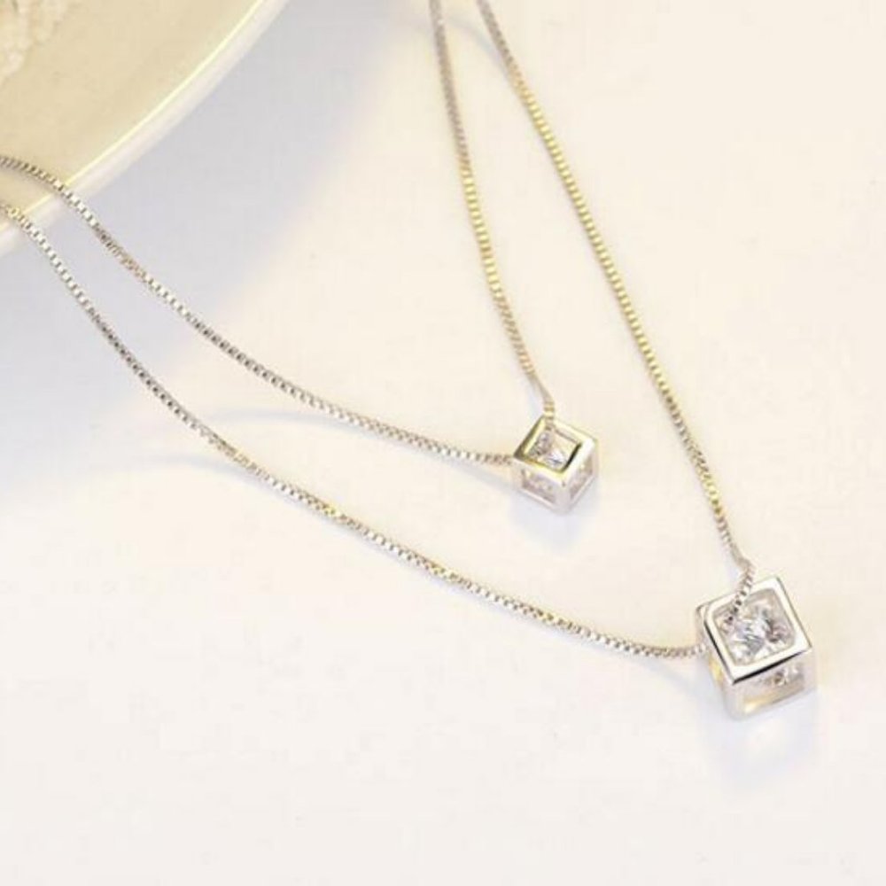 NEW 925 Sterling Silver Diamond Cube Necklace - Picture 7 of 8